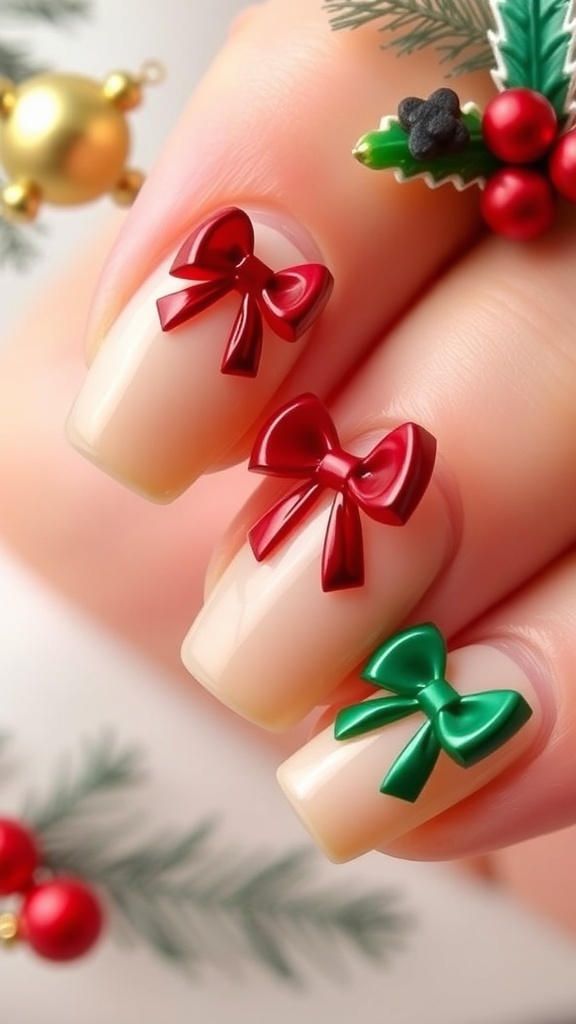 Elegant Christmas Bow Nail Art Elegant Christmas bow nail art on a neutral background with holiday decorations.